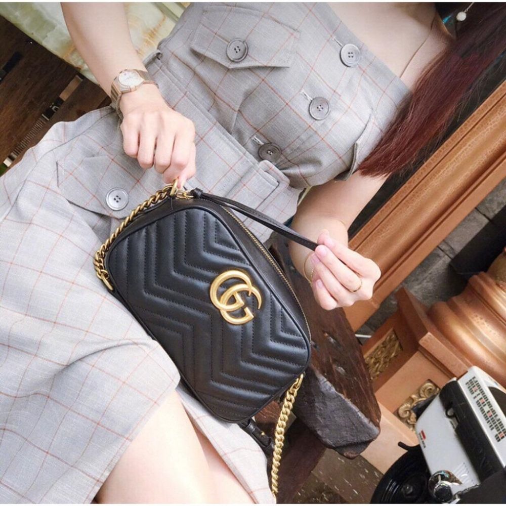 二手99GUCCI 古馳 GG Marmont迷你黑色相機包單肩包斜挎包-細節圖5