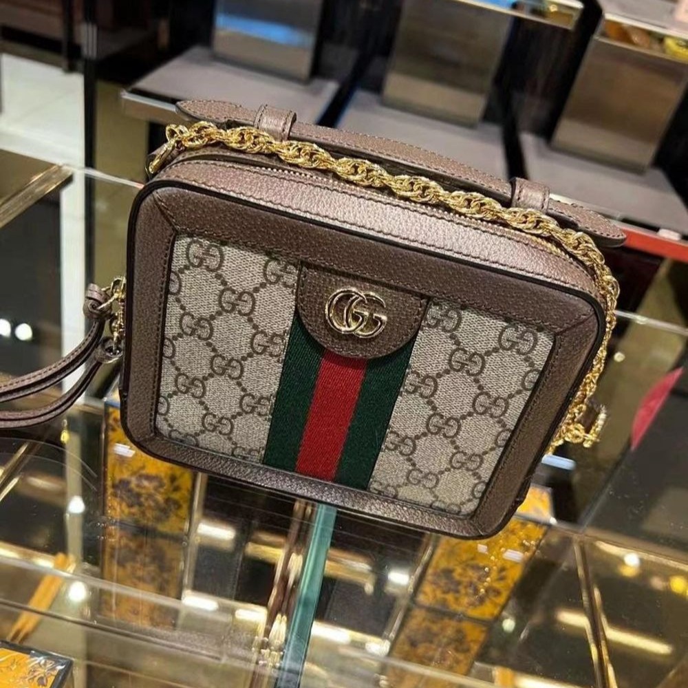 二手99新Gucci古馳女包Ophidia印花mini拼色單肩斜跨包鏈條包-細節圖2