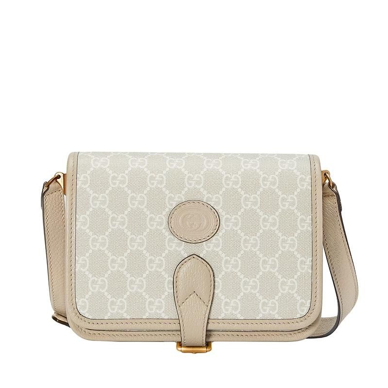二手99新GUCCI古馳男女士迷你米白色老花帆布圓標金扣翻蓋單肩包-細節圖5