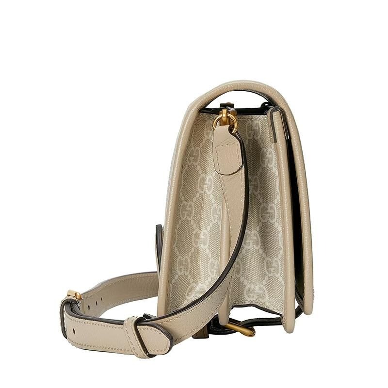 二手99新GUCCI古馳男女士迷你米白色老花帆布圓標金扣翻蓋單肩包-細節圖6