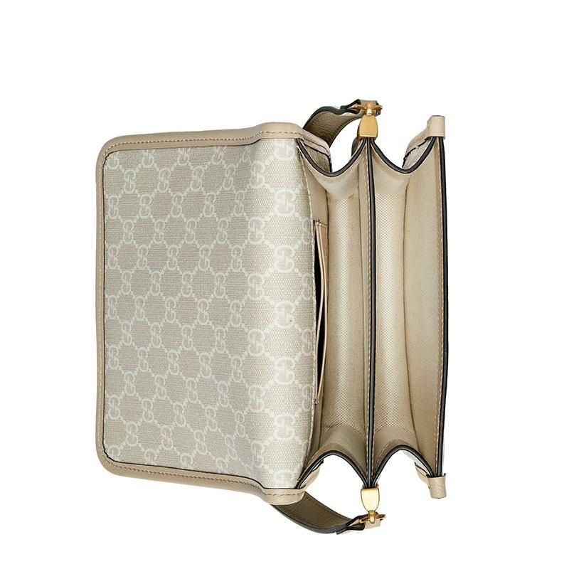 二手99新GUCCI古馳男女士迷你米白色老花帆布圓標金扣翻蓋單肩包-細節圖7