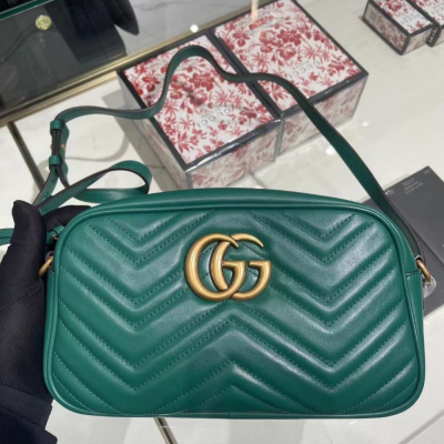 二手99新Gucci古馳女包綠色GG Marmont系列小號絎縫相機包單肩包447632