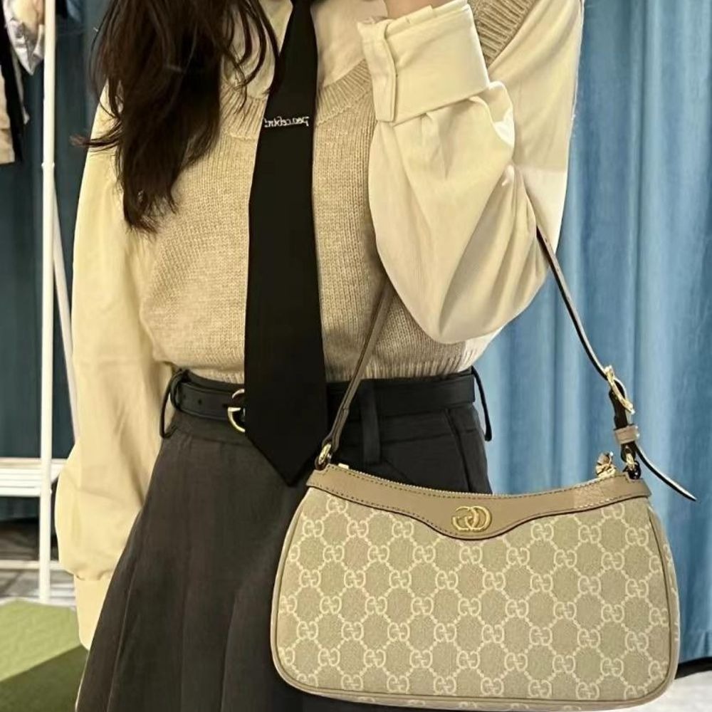 二手99新Gucci古馳23新款女士米色白色帆布配皮金色GG飾面單肩腋下包-細節圖2
