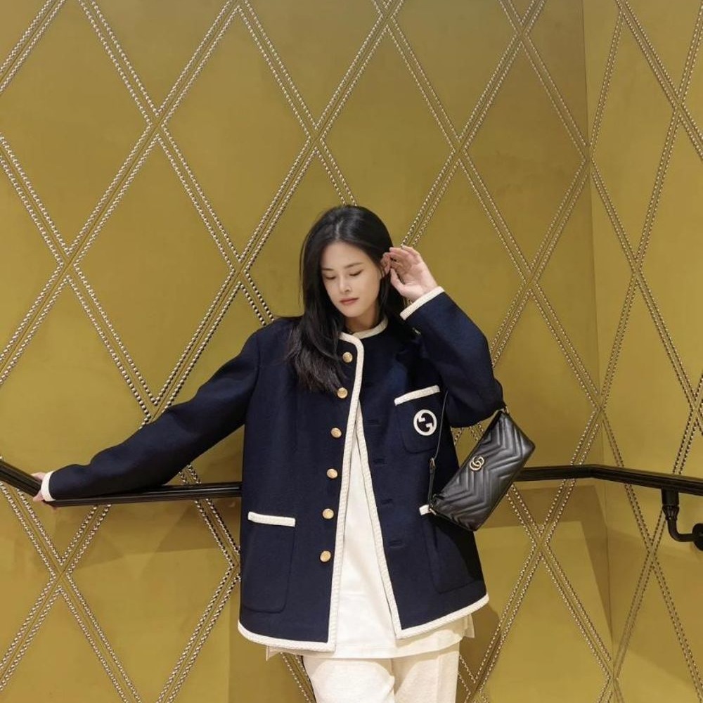 二手99新GUCCI/古馳23新款女士黑色絎縫皮革雙G配布單肩包腋下包-細節圖2