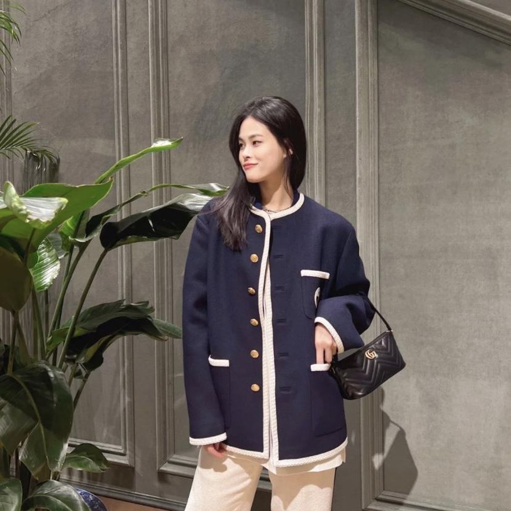 二手99新GUCCI/古馳23新款女士黑色絎縫皮革雙G配布單肩包腋下包-細節圖3