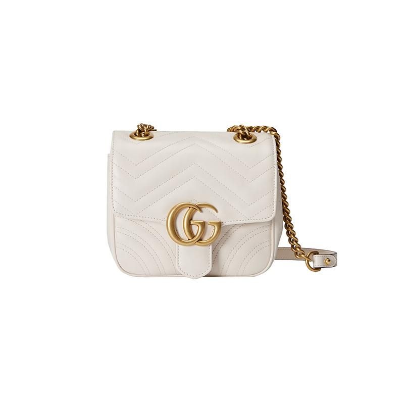 二手99新GUCCI/古馳23新款女士迷你白黑色絎縫皮革雙G鏈條單肩包方胖子2款-細節圖7