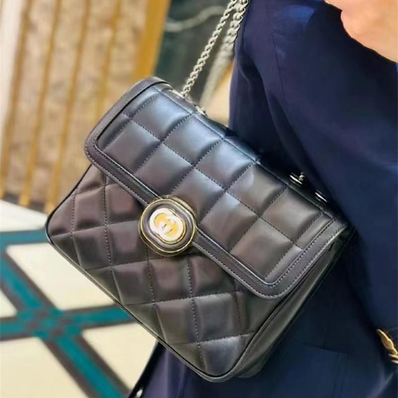 二手99新GUCCI古馳23新款女士迷你/絎縫皮革銀色鏈條單肩包多款-細節圖2