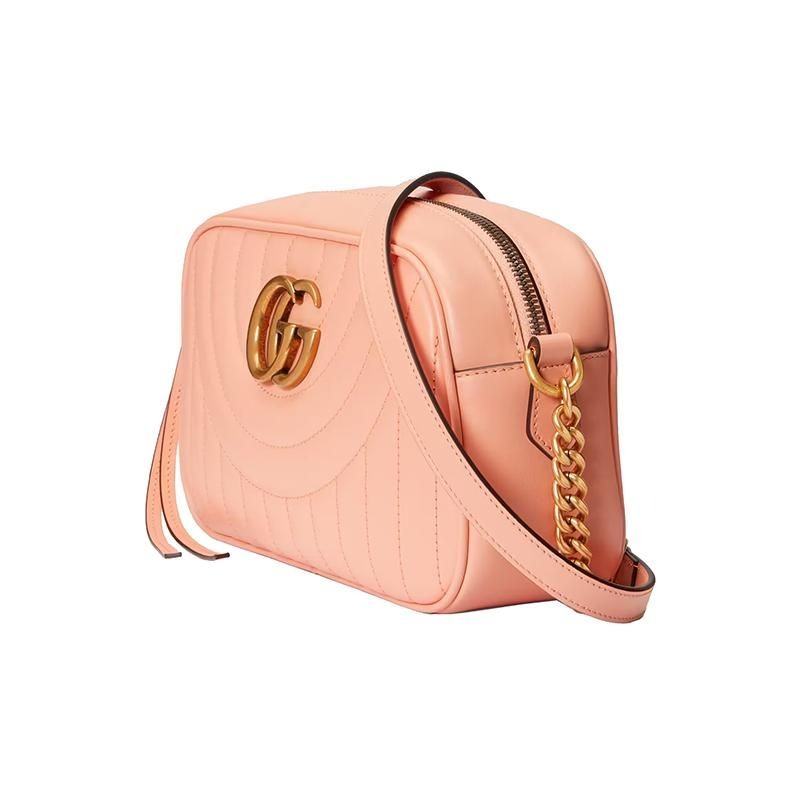 二手99新 GUCCI/古馳23新款女士桃色小號絎縫雙G配飾皮革單肩包-細節圖2