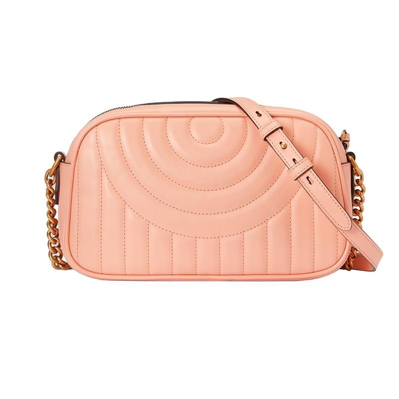 二手99新 GUCCI/古馳23新款女士桃色小號絎縫雙G配飾皮革單肩包-細節圖3