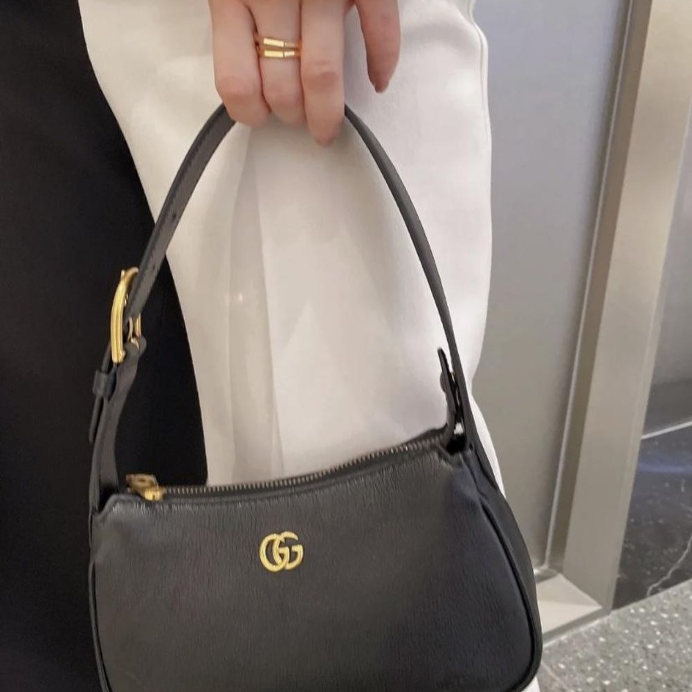 二手99新GUCCI/古馳 23新款女士黑色白色粉色皮革雙G配飾單肩包-細節圖3