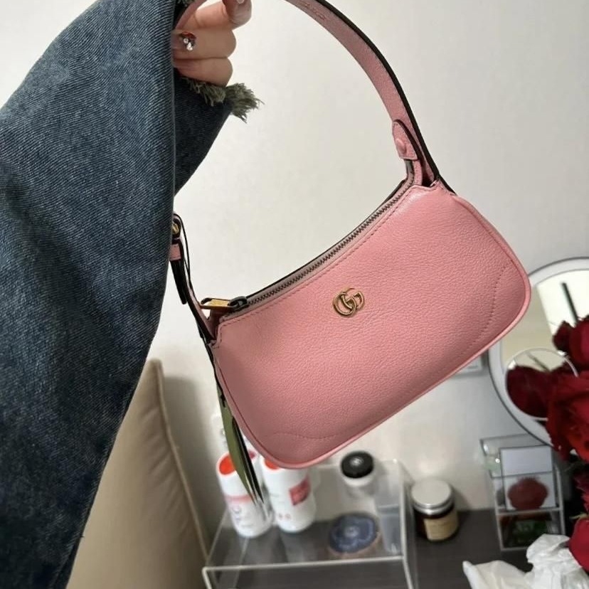 二手99新GUCCI/古馳 23新款女士黑色白色粉色皮革雙G配飾單肩包-細節圖6