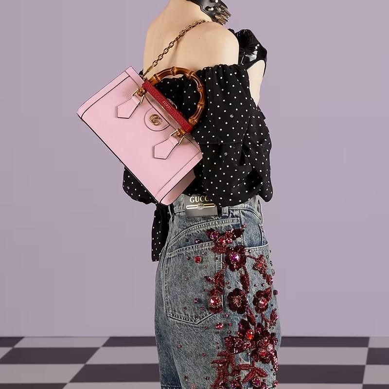 二手99GUCCI/古馳23新款Diana女士小號粉紅色皮革竹製手柄單肩包-細節圖2