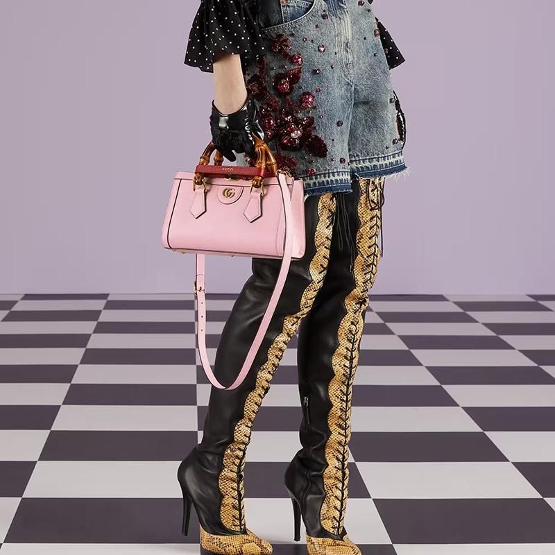 二手99GUCCI/古馳23新款Diana女士小號粉紅色皮革竹製手柄單肩包-細節圖3