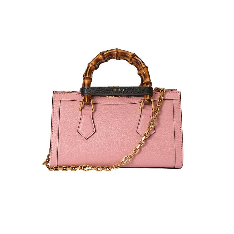 二手99GUCCI/古馳23新款Diana女士小號粉紅色皮革竹製手柄單肩包-細節圖5