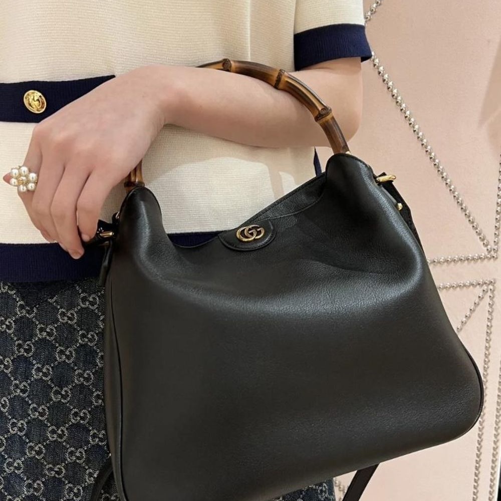 二手99新GUCCI/古馳23新款DIANA新款女士小號白黑色皮革竹製提手單肩包多款-細節圖6