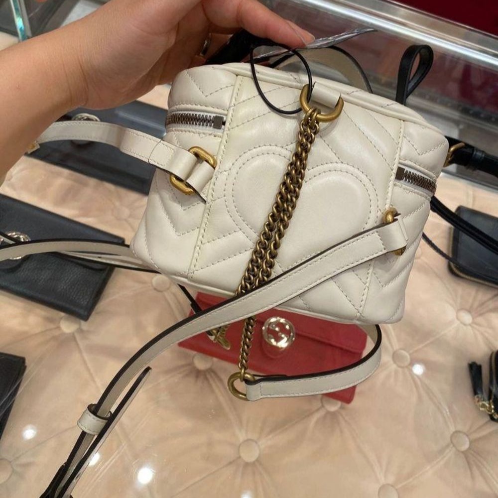 二手99新GUCCI/古馳盒子包 白色marmont鏈條斜挎雙肩化妝包-細節圖4