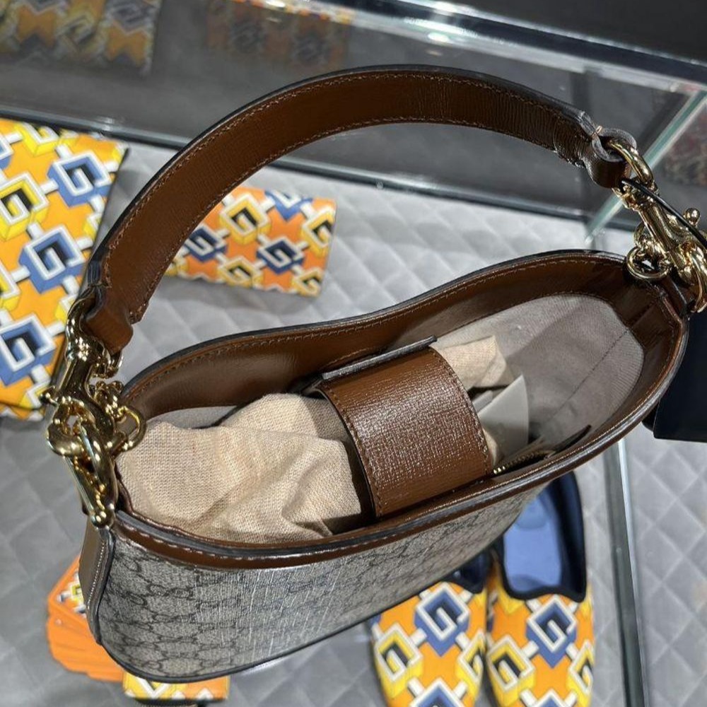 二手99新GUCCI 古馳女包經典老花Logo扁水桶包帆布牛皮鏈條單肩包手提包-細節圖4