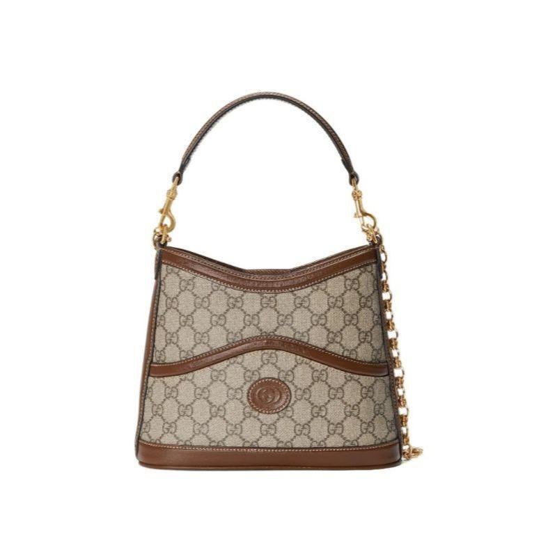 二手99新GUCCI 古馳女包經典老花Logo扁水桶包帆布牛皮鏈條單肩包手提包-細節圖5