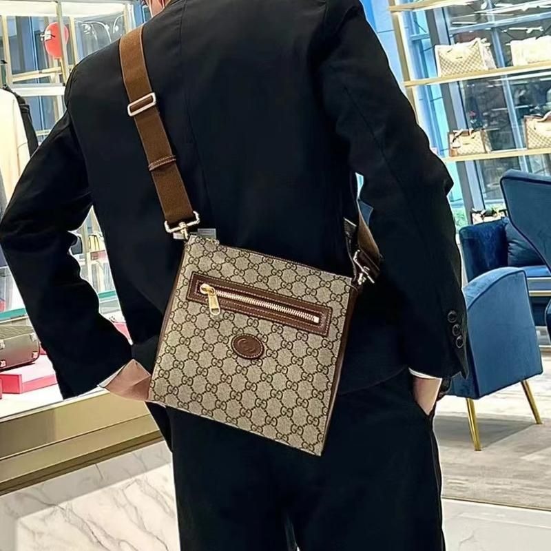 二手99 GUCCI/古馳 男士米色/烏木色老花帆布金扣單肩郵差包-細節圖2