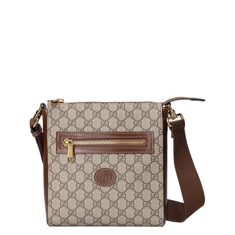 二手99 GUCCI/古馳 男士米色/烏木色老花帆布金扣單肩郵差包-細節圖4
