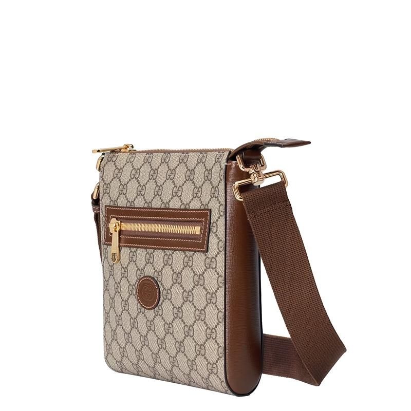 二手99 GUCCI/古馳 男士米色/烏木色老花帆布金扣單肩郵差包-細節圖5