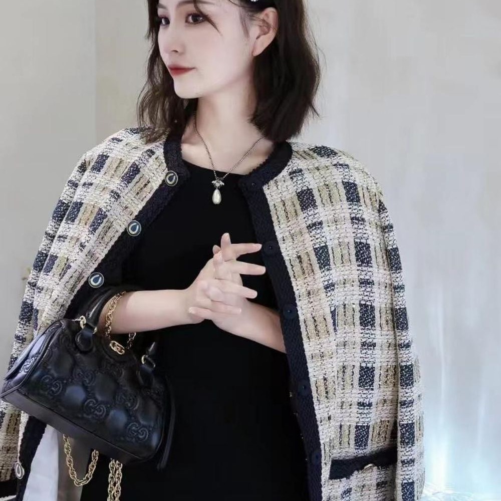 二手99新 GUCCI古馳女士黑色GG壓紋絎縫皮革金色雙G單肩手提包-細節圖2