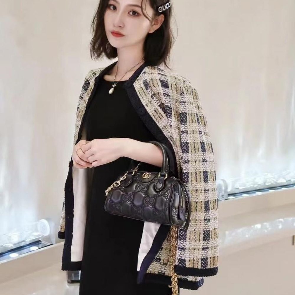 二手99新 GUCCI古馳女士黑色GG壓紋絎縫皮革金色雙G單肩手提包-細節圖3