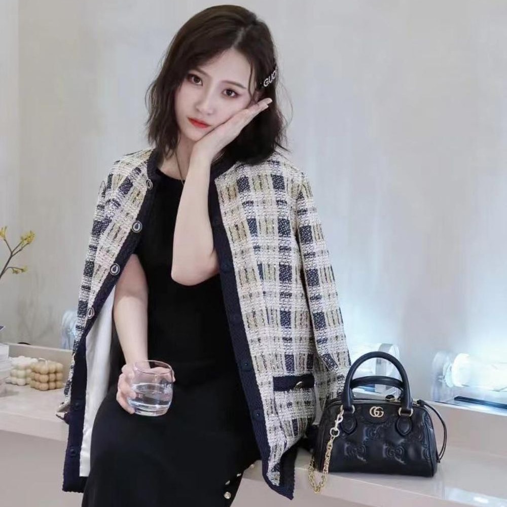 二手99新 GUCCI古馳女士黑色GG壓紋絎縫皮革金色雙G單肩手提包-細節圖4