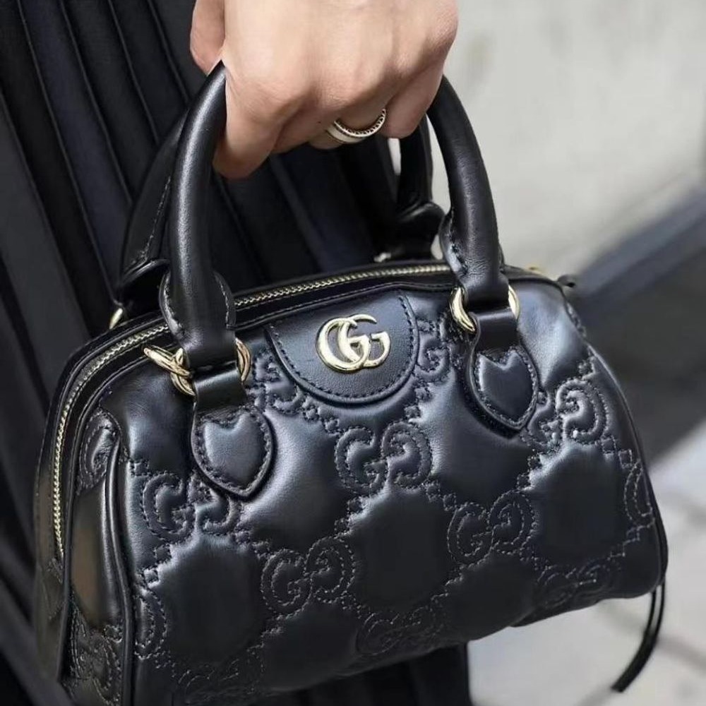 二手99新 GUCCI古馳女士黑色GG壓紋絎縫皮革金色雙G單肩手提包-細節圖7