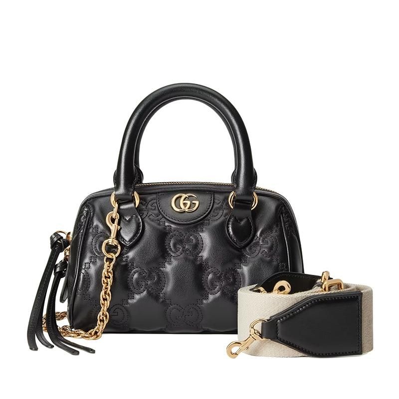 二手99新 GUCCI古馳女士黑色GG壓紋絎縫皮革金色雙G單肩手提包-細節圖8