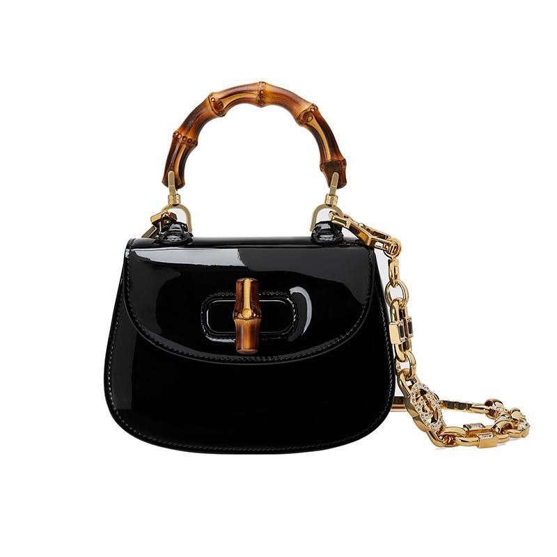 二手99新 GUCCI古馳23新款Bamboo 1947系列女士迷你黑色漆皮單肩手提包-細節圖5