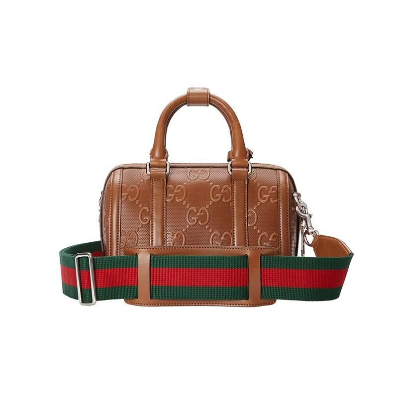 二手99新GUCCI/古馳 23新款 男士大號棕色壓花皮革單肩旅行包手提包-細節圖3