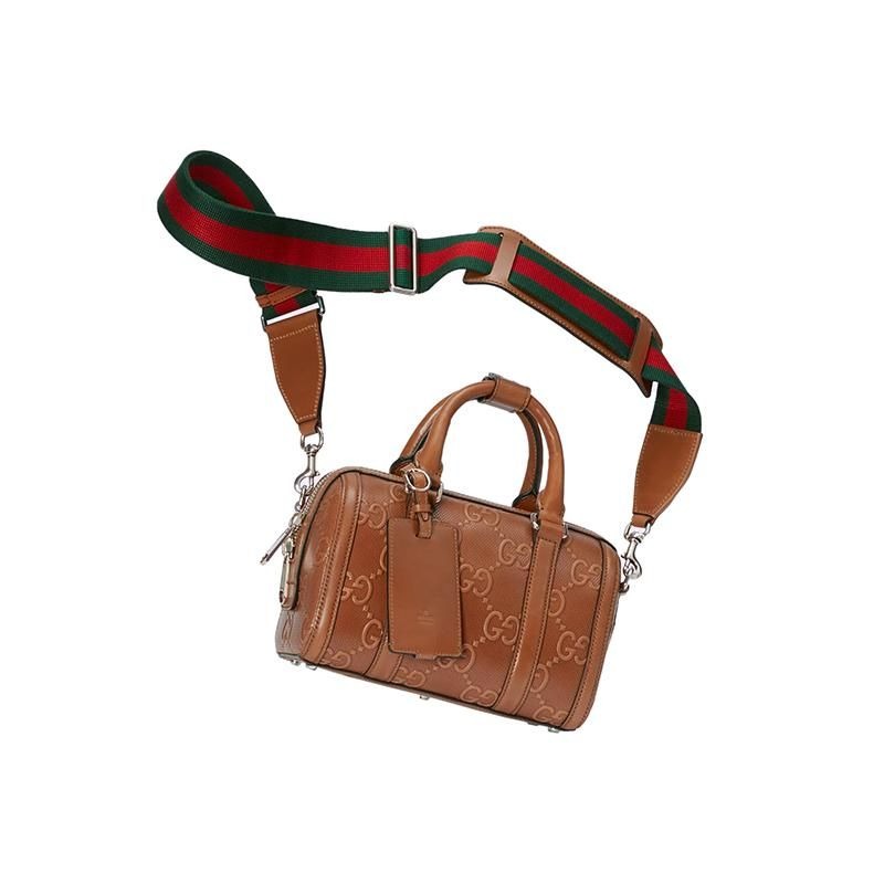 二手99新GUCCI/古馳 23新款 男士大號棕色壓花皮革單肩旅行包手提包-細節圖4