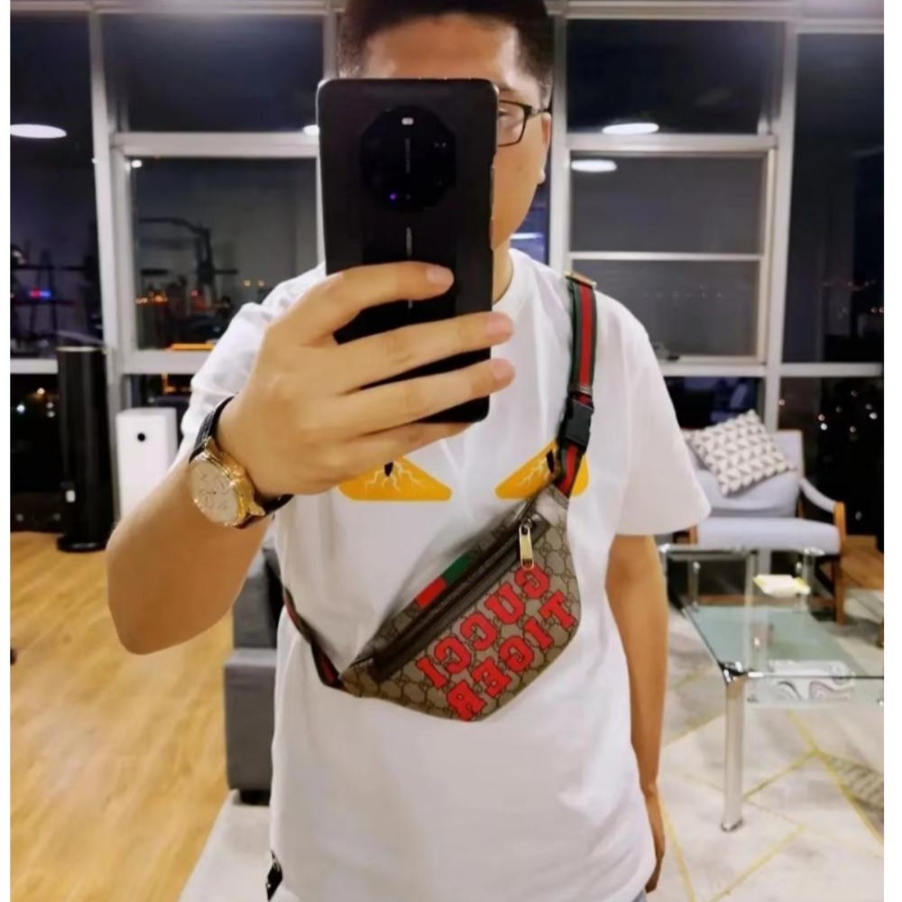 【二手99】GUCCI 古馳 老花Logo字母印 男款烏木色腰包胸包-細節圖2