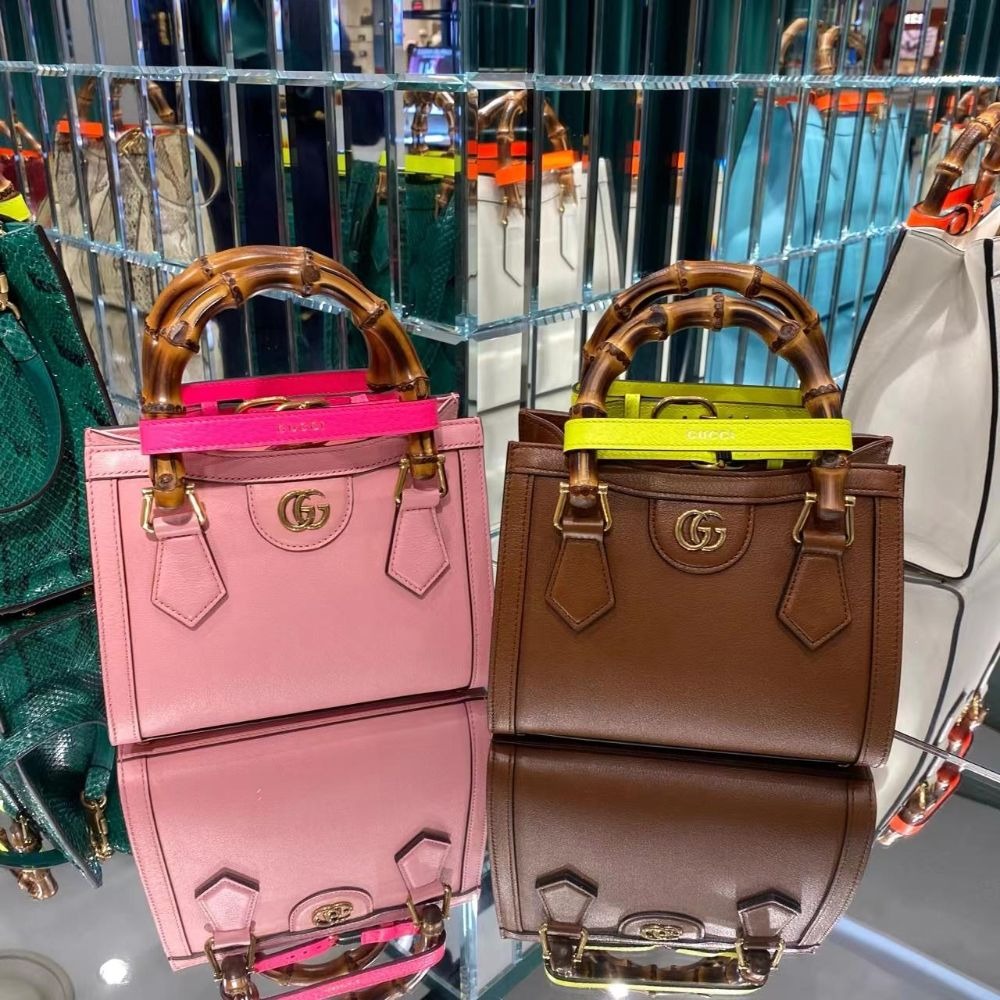 二手99新Gucci古馳女包粉色Diana竹節迷你托特包手提單肩包655661-細節圖2