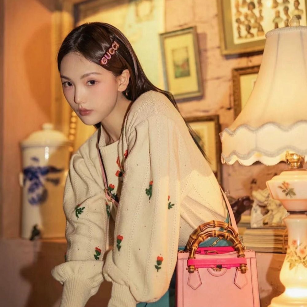 二手99新Gucci古馳女包粉色Diana竹節迷你托特包手提單肩包655661-細節圖8