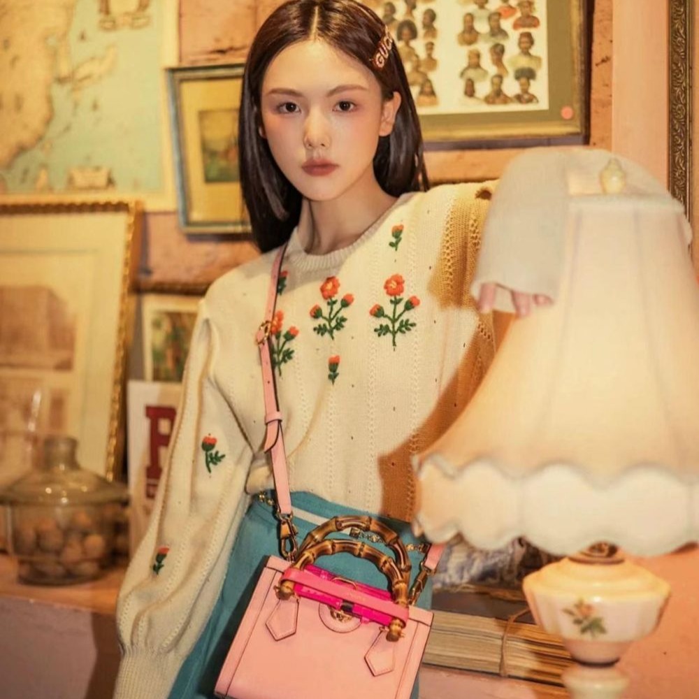 二手99新Gucci古馳女包粉色Diana竹節迷你托特包手提單肩包655661-細節圖9