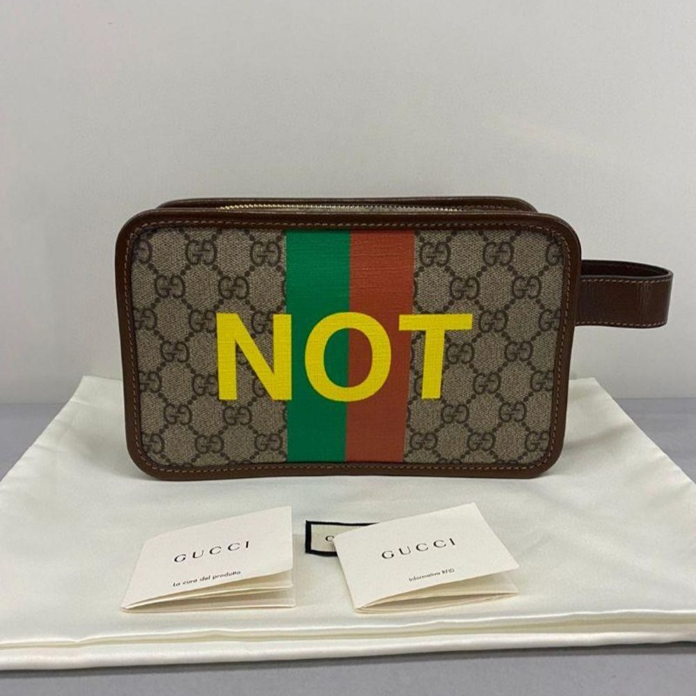 二手99新Gucci 古馳Fake Not系列字母條紋印花老花logo皮革徽標拼皮手拿包-細節圖2