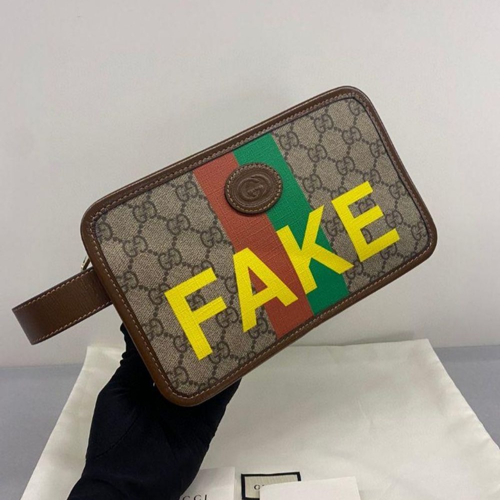 二手99新Gucci 古馳Fake Not系列字母條紋印花老花logo皮革徽標拼皮手拿包-細節圖5