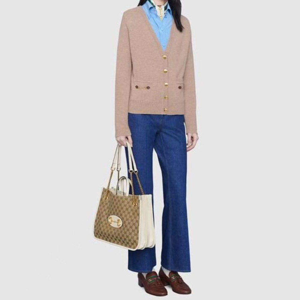 二手99新Gucci古馳女包白色馬銜扣1955系列手提托特包購物袋單肩包623694-細節圖7