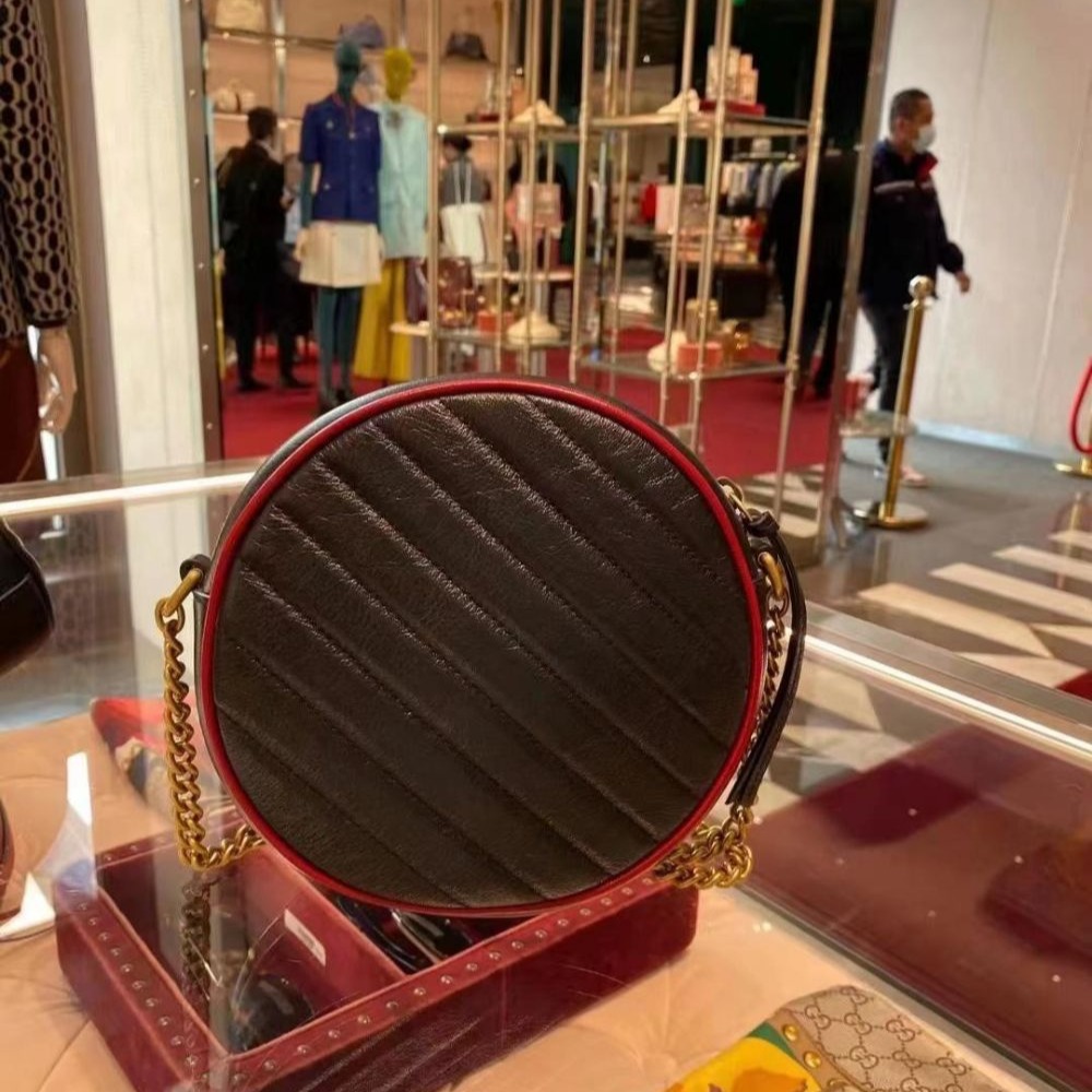 二手99新Gucci古馳女包黑色紅邊飾GG Marmont馬蒙WOC圓餅包單肩包550154-細節圖2