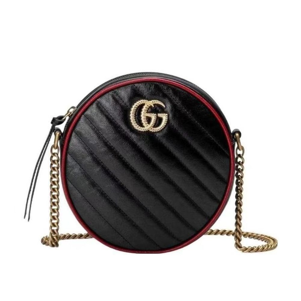 二手99新Gucci古馳女包黑色紅邊飾GG Marmont馬蒙WOC圓餅包單肩包550154-細節圖3