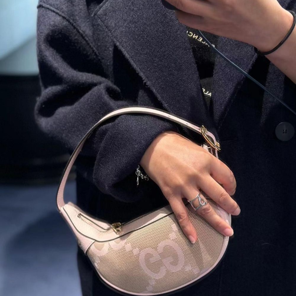 二手99新Gucci古馳女包粉色豌豆包雙G迷你月牙包腋下包658551-細節圖2