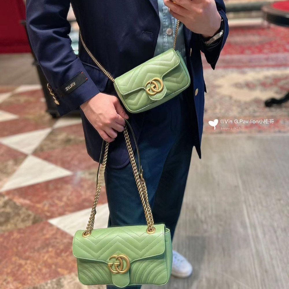 二手99新23新款Gucci古馳女包小號牛油果綠色GG Marmont馬蒙單肩包443497-細節圖2