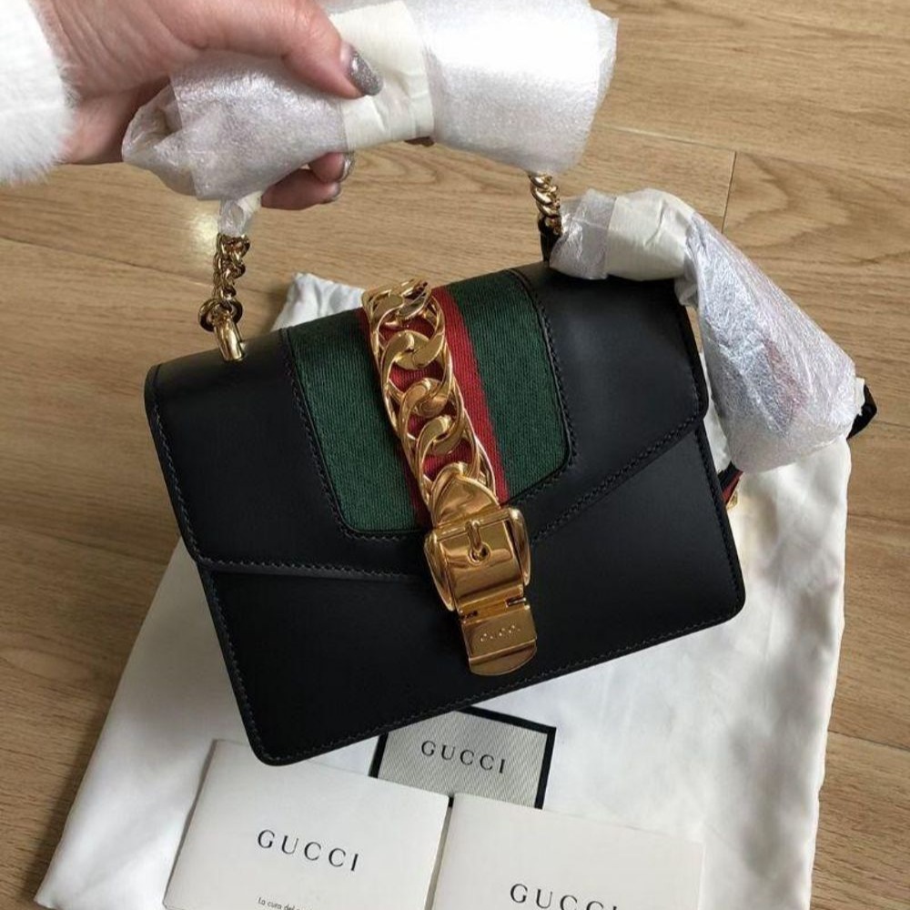 二手99Gucci/古馳 黑色Sylvie小號鏈條包 超級美 仙氣十足 緞帶蝴蝶結-細節圖3