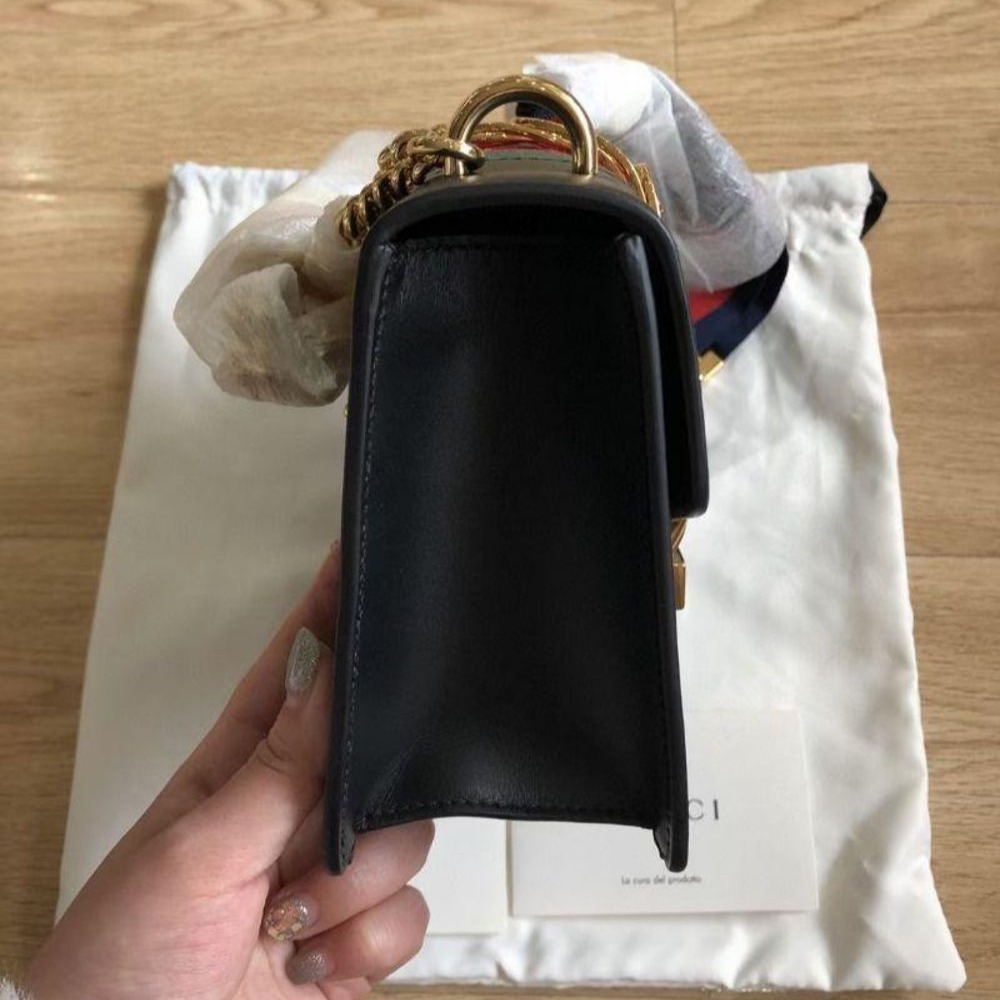 二手99Gucci/古馳 黑色Sylvie小號鏈條包 超級美 仙氣十足 緞帶蝴蝶結-細節圖4