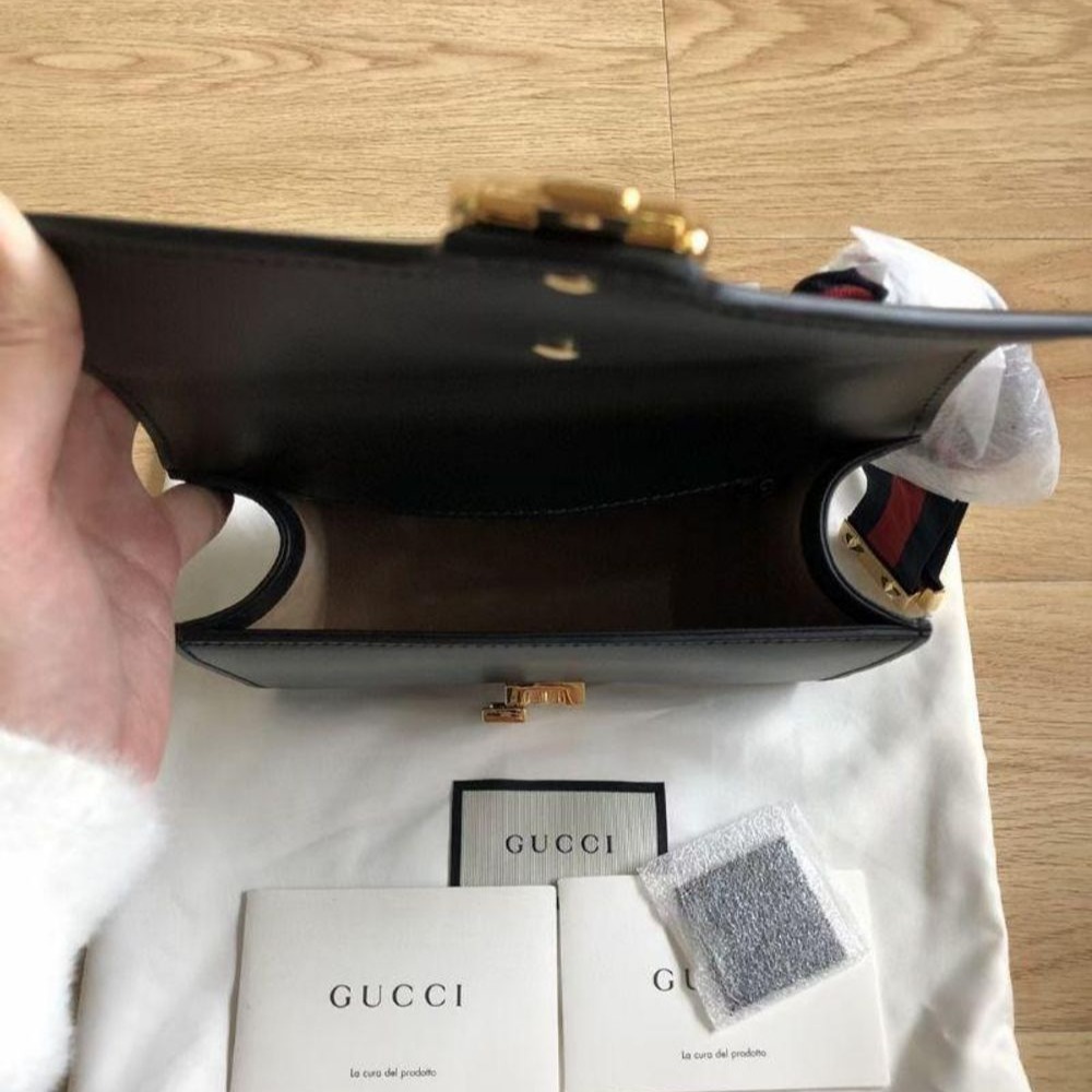 二手99Gucci/古馳 黑色Sylvie小號鏈條包 超級美 仙氣十足 緞帶蝴蝶結-細節圖6