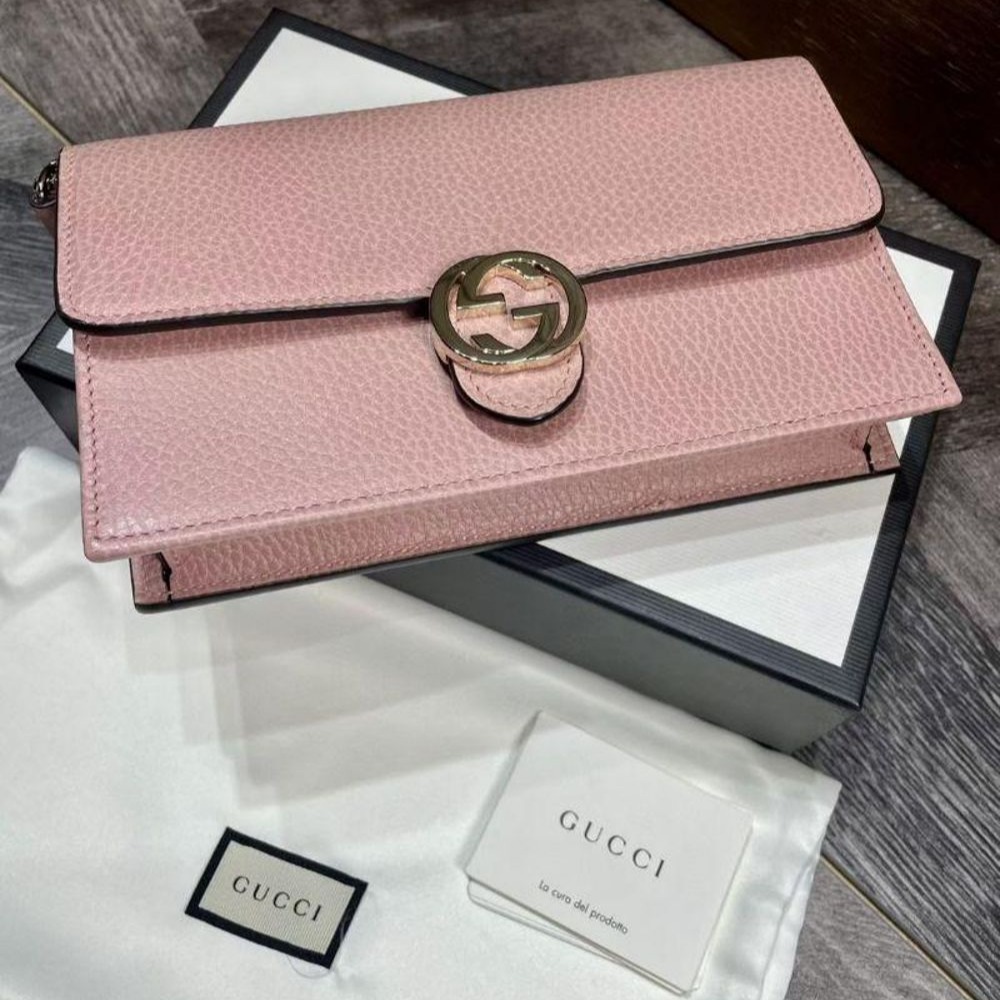 二手99新Gucci 古馳爆款粉色經典雙G WOC鏈條包 當手包斜挎都可以-細節圖5