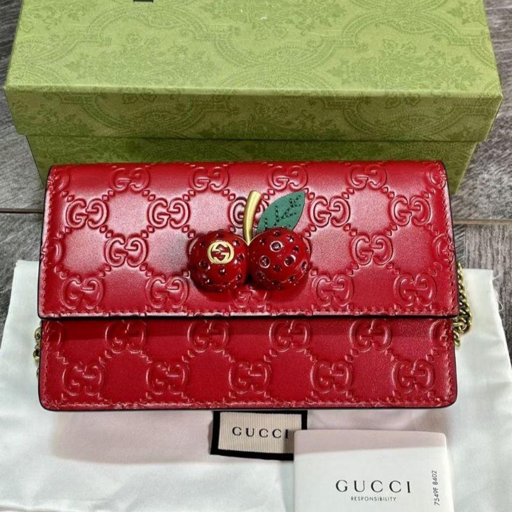 二手99Gucci 古馳經典爆款紅色全皮櫻桃mini鏈條包 超級好看哦-細節圖3