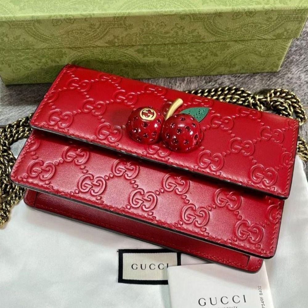 二手99Gucci 古馳經典爆款紅色全皮櫻桃mini鏈條包 超級好看哦-細節圖4